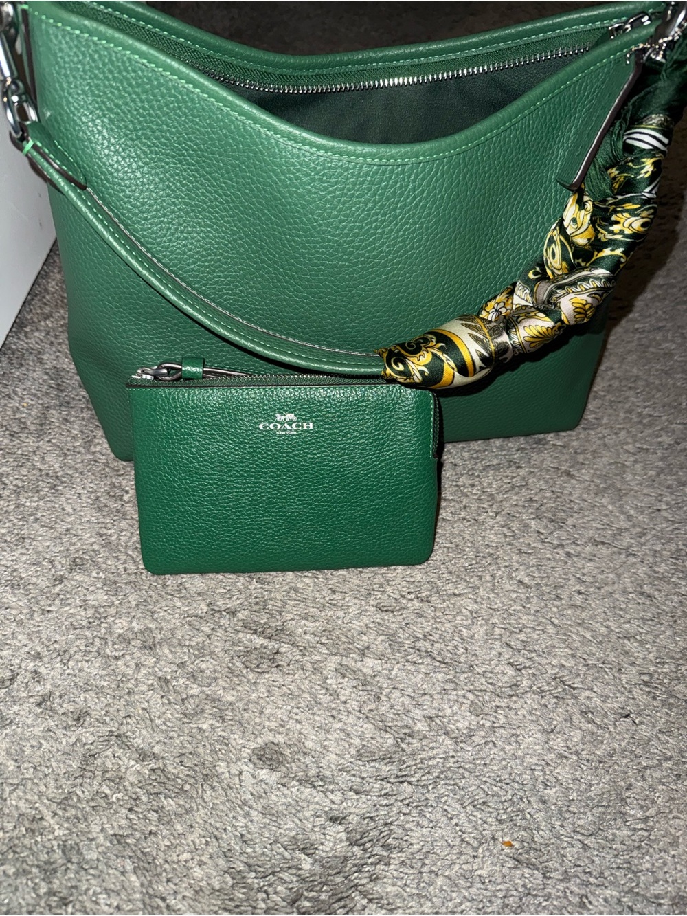 Coach Green Pebbled Leather Shoulder Hobo with Matching Pouch and Twilly